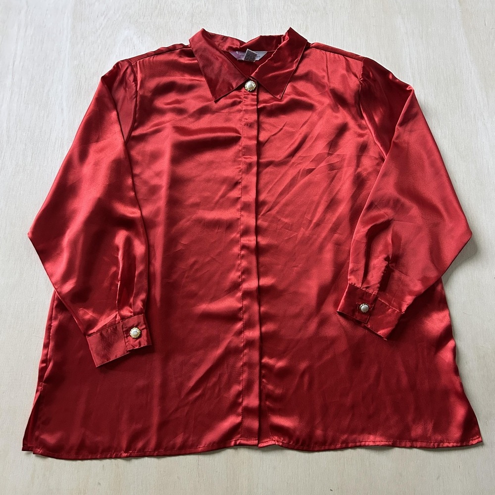 Vintage Sheridan Square Blouse Womens 24W/44 Red Satin Button Long Sleeve Top